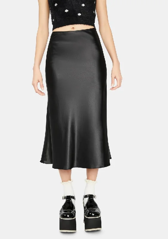 Vintage Fashion Dark For The Record Satin Midi Skirt