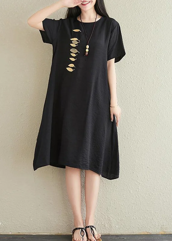 Day To Night Styles Vivid o neck embroidery cotton linen dresses Tutorials black Dresses summer