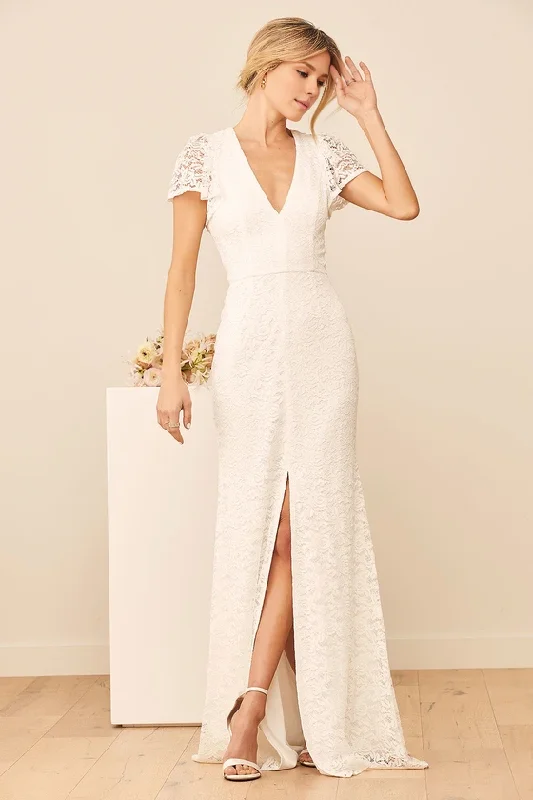 All Season Fashion Collection White Lace Flutter Sleeve Backless Floor-length Wedding Dresses Maxi Dress