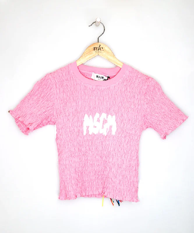 Evening Looks Cotton crop-top t-shirt with smock stitch Pink