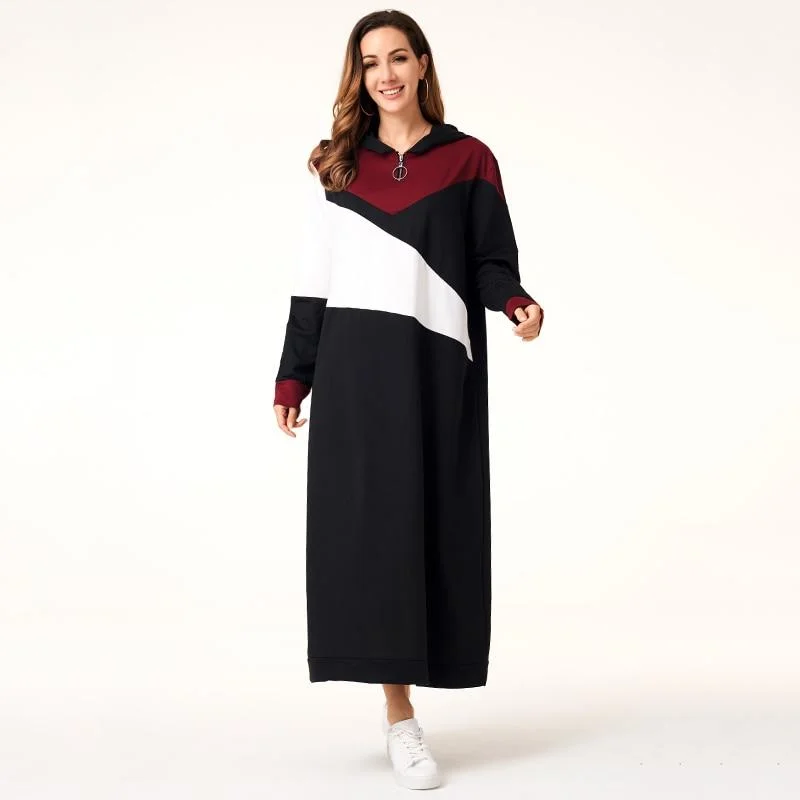 Clearance Sale FashionSierra - Women Hoodie Dresses Patchwork Zipper Long Sleeve Hooded Maxi Dresses Casual Dress Women Autumn