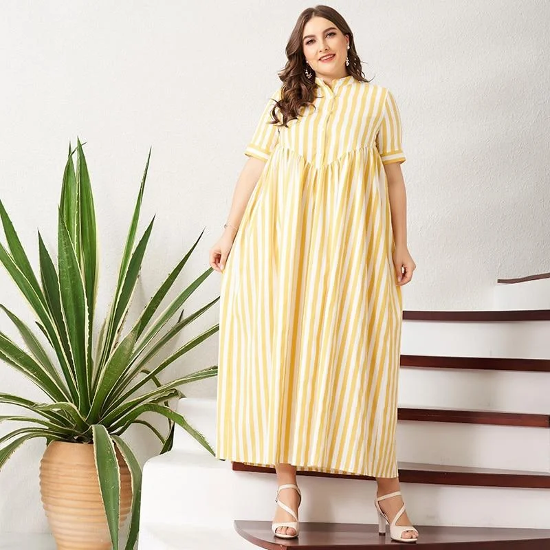 Laid-Back Elegance FashionSierra - New Summer Women Yellow Striped Long Dress Button Short-Sleeve Maxi Dress Plus Size Dress Casual Loose Fat Large Dresses