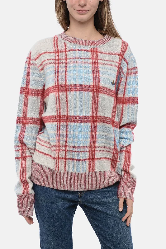 Women's Clothing Sale Vivienne Westwood Crew Neck Cotton Blend Sweater with Plaid Check Motif