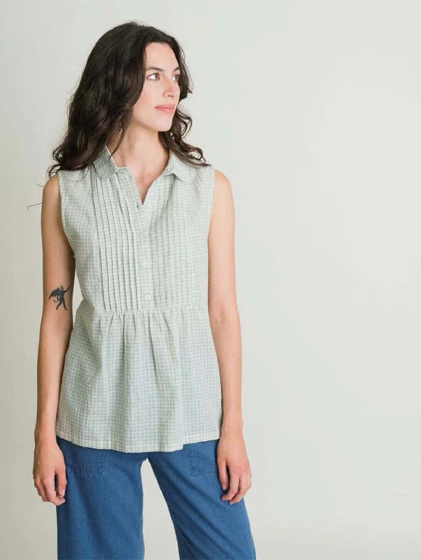 Seasonal Clearance Adrianne Cotton & Linen Sleeveless Blouse | Check Mint