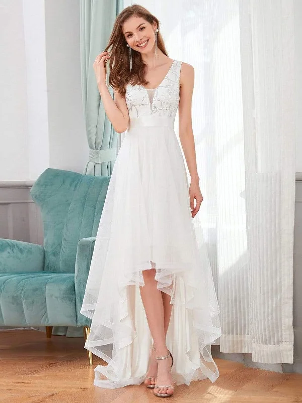 Versatile Wardrobe Essentials Fashion Sequin Appliques High-Low Tulle Elopement Dress for Wedding