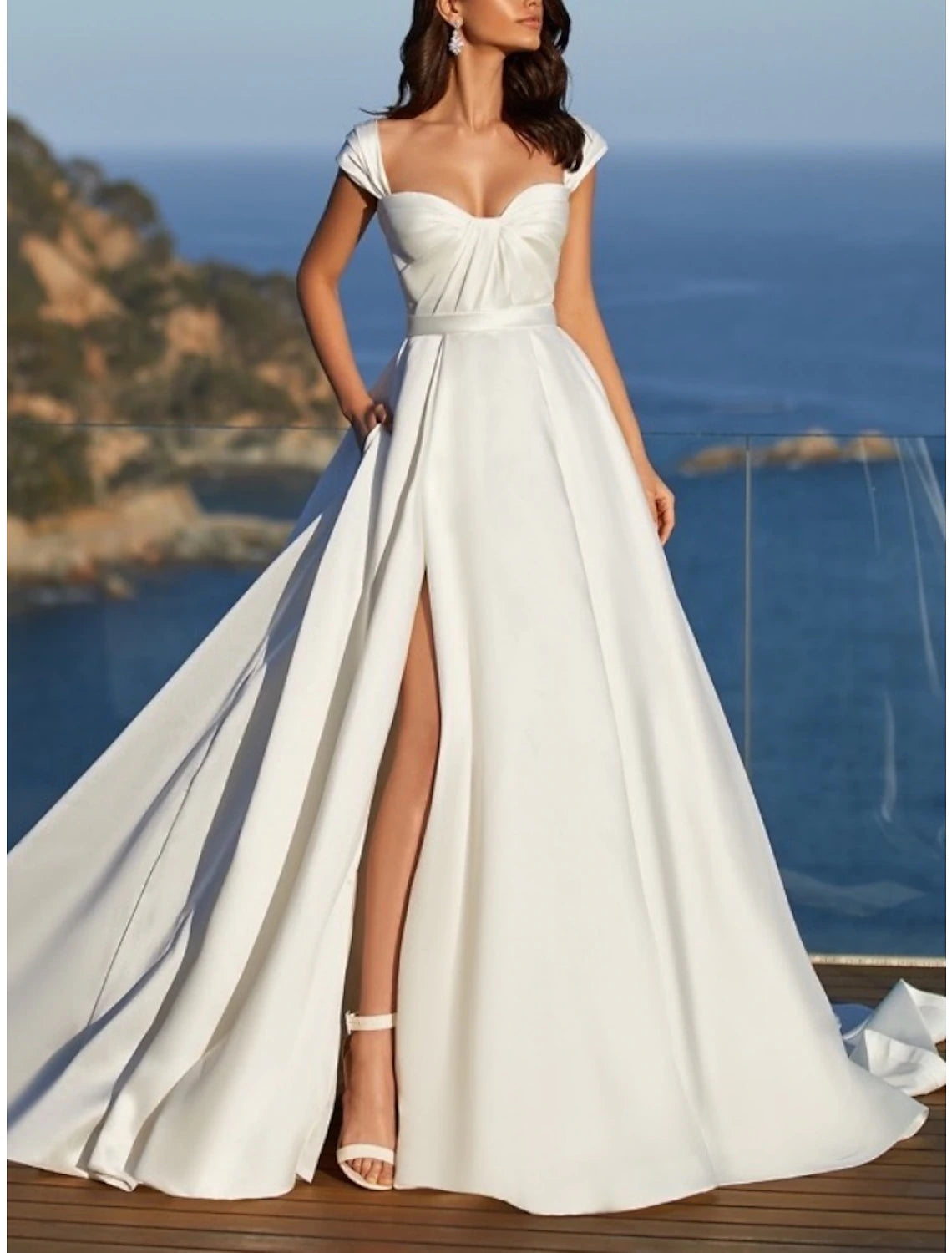 Daily Deals Beach Casual Wedding Dresses A-Line Sweetheart Cap Sleeve Court Train Satin Bridal Gowns With Pleats Split Front