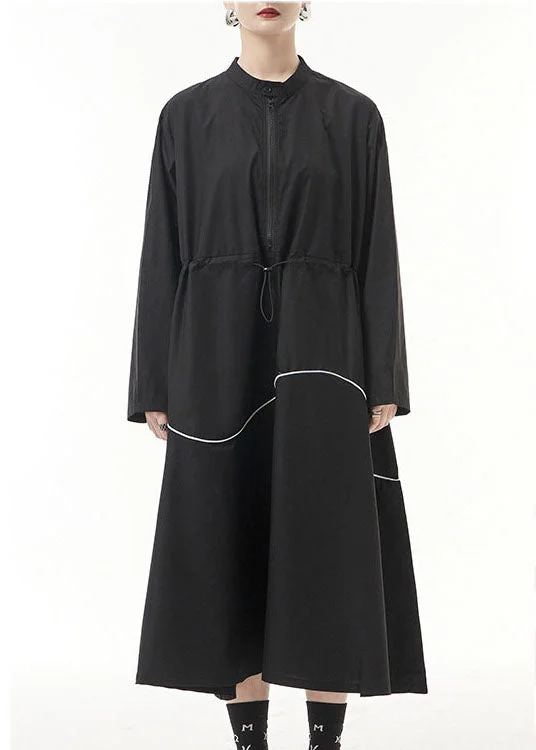 Stupidly Low Prices Unique Black drawstring zippered Stand Collar Dress Spring