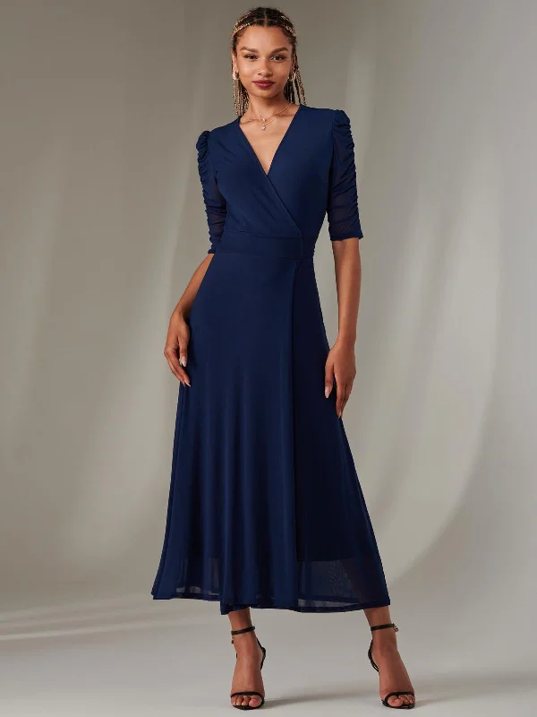 Elegant Clothing Zeena Plain Wrap Mesh Maxi Dress, Navy