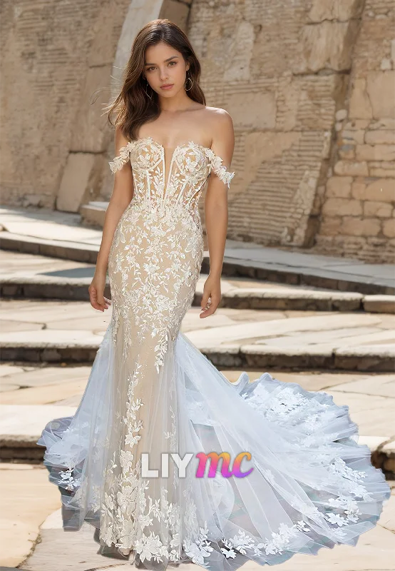 Must-Have Styles Off-Shoulder Strapless Lace Appliques Mermaid Wedding Dress