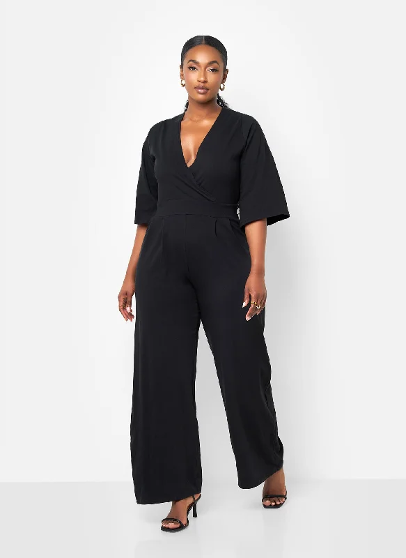 Rocker Chic Fashion Karma Pleated Wide Leg Jumpsuit - Black