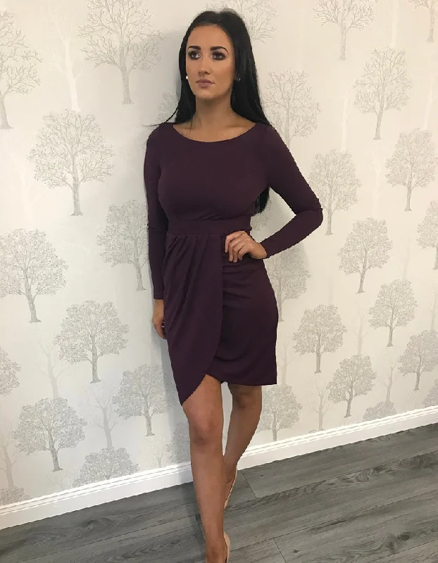 Mega Sale Purple Long Sleeve Wrap Midi Dress