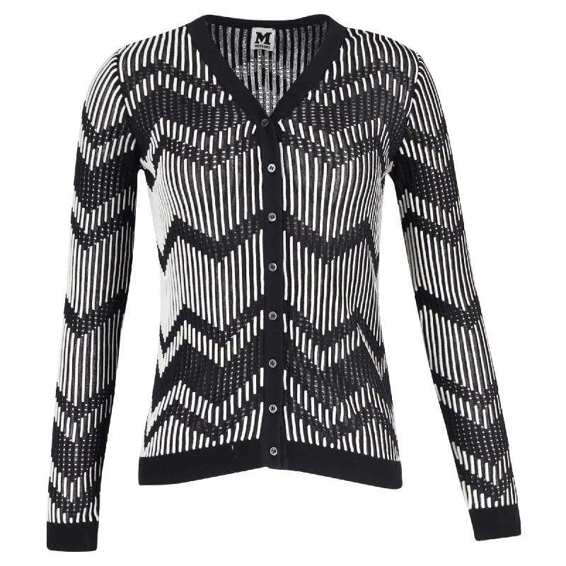 Vibrant Femme Fashion M Missoni Monochrome Patterned Perforated Knit Button Front Cardigan in Black and White Cotton