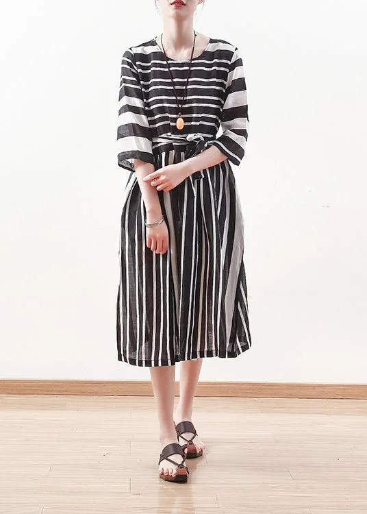 Women's High Street Fashion Modern black white striped linen clothes For tie waist cotton summer Dress