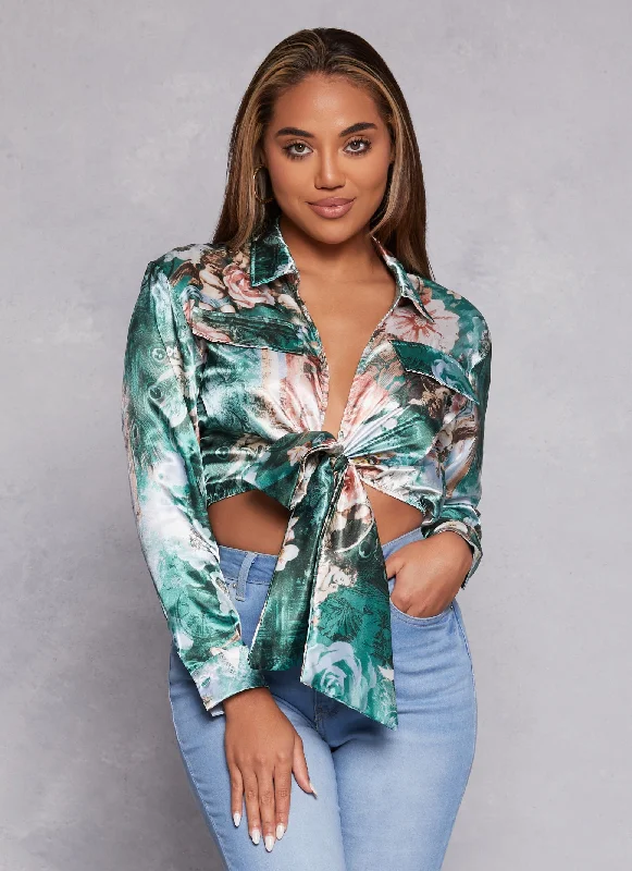 Online Clothing Stores Satin Printed Long Sleeve Tie Front Blouse