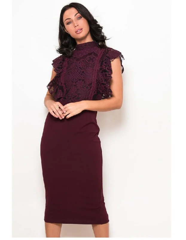 Style Breakthroughs Jane Wine Lace Frilled Top Midi Dress