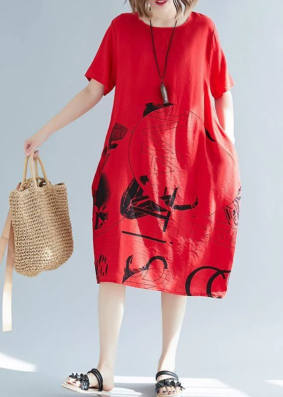 Sale On Clothing Elegant o neck patchwork linen cotton clothes Women stylish Sewing red print shift Dresses Summer