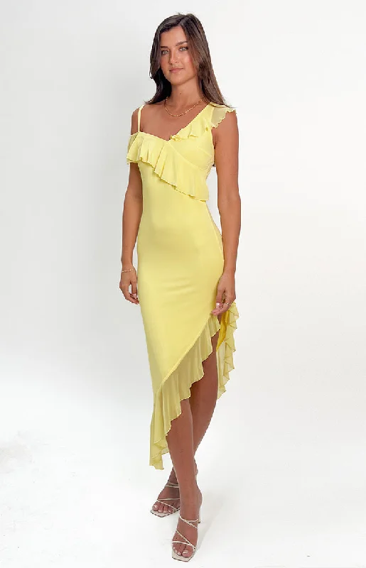 Chic Style Everleene Yellow Ruffle Mesh Midi Dress