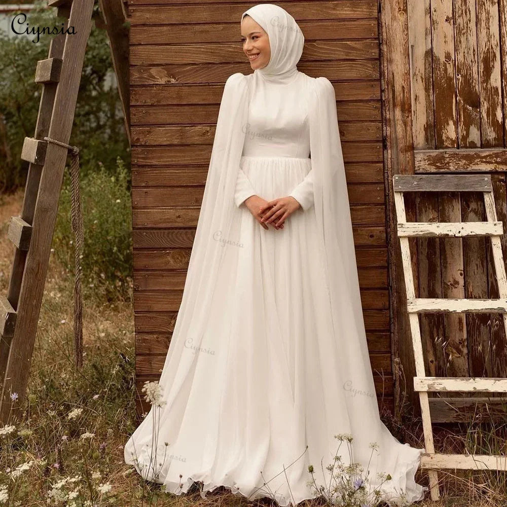 Comfortable Chic Ivory Chiffon Muslim Hijab Wedding Dresses with Cape A-Line Dubai Bridal Gowns For Women Bride Robe De Mariée