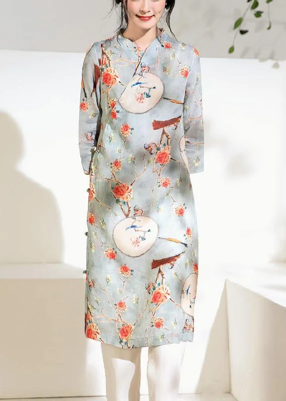 Discount Price French side Chinese Button linen stand collar clothes Runway light blue Dresses