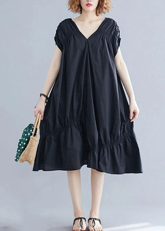 Comfort First Women's Fashion DIY v neck Cinched Cotton clothes Shape black Dresses