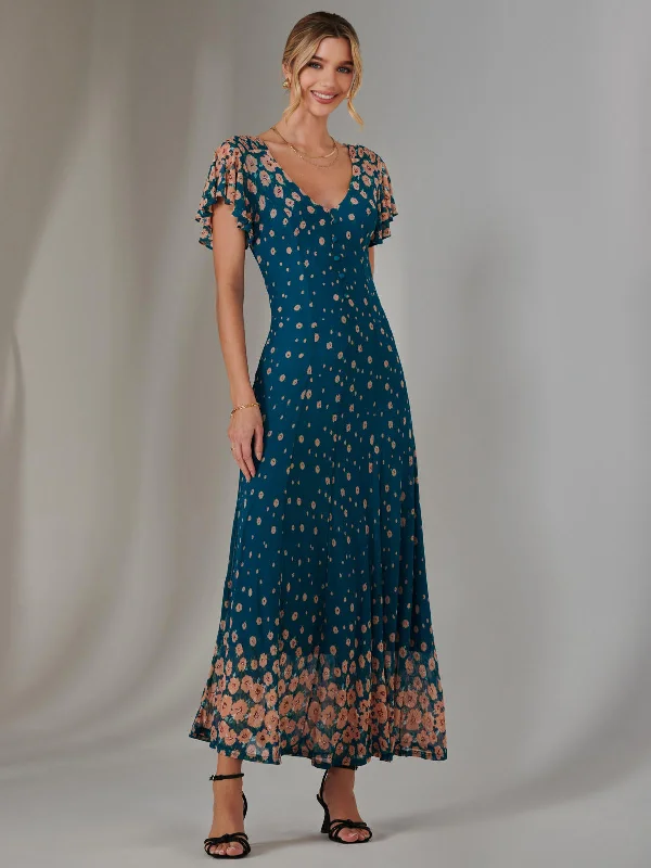 Seasonal Sale Gina Mirrored Print Mesh Maxi Dress, Teal Multi