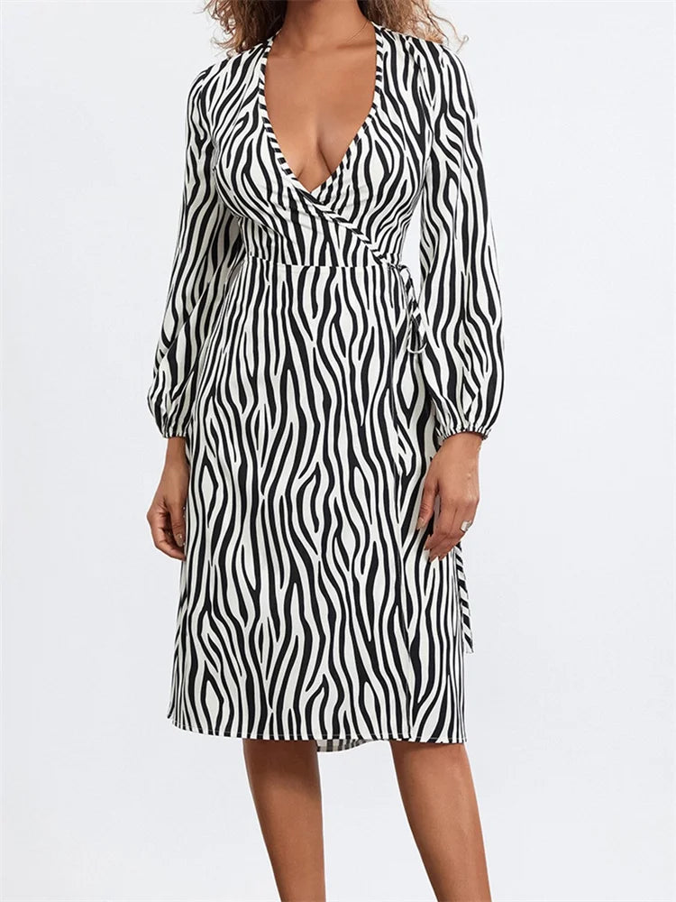 Modern Women's Wardrobe Essentials Long Sleeve V-Neck Zebra Striped Print Tie-Up Casual Midi Dress