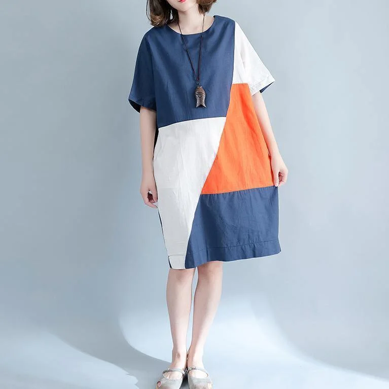 Stylish Basics 2024 blue linen shift dresses casual shirt dress Fine short sleeve patchwork knee dresses