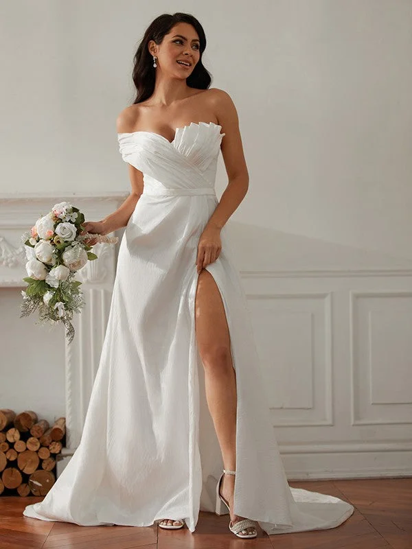 Relaxed Style A-Line/Princess Ruched One-Shoulder Sleeveless Sweep/Brush Train Wedding Dresses