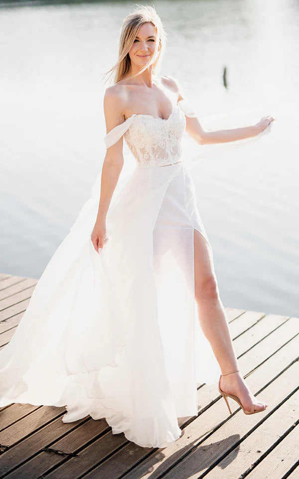 Special Occasion Wear A-Line Lace White Lace-Up Off-the-Shoulder Wedding Dress with Slit