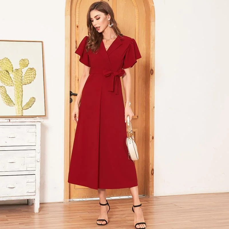 Insane Discount Onslaught FashionSierra - Elegant Wrap Dress Women Lapel Neck Butterfly Sleeve Belted A-line Dresses Woman Party Ladies Midi Dress