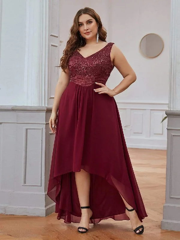 Relaxed Fit Women's Fashion Elegant Paillette & Chiffon V-neck A-line Sleeveless Plus Size Evening Dresses