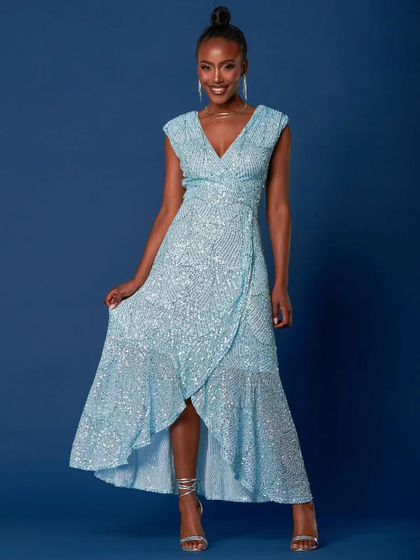 VIP Member Discount Sequin High Low Hem Maxi Dress, Light Blue