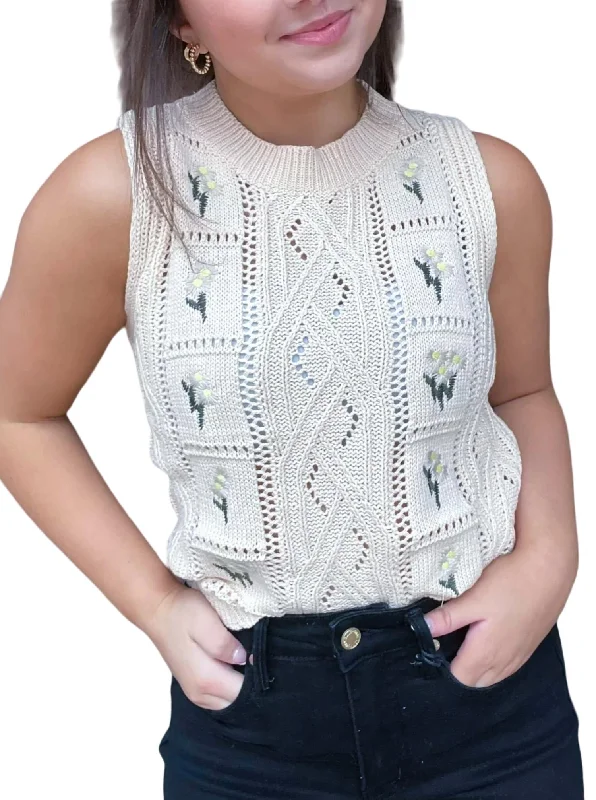 Women's Online Boutique Flower Embroidered Sleeveless Sweater In Ivory