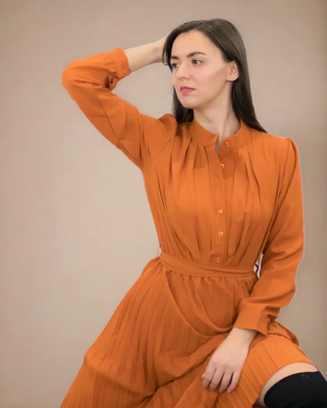 Chic & Cozy Apparel Ania Burnt Orange Maxi Dress with Pleats - Long Sleeve Dress