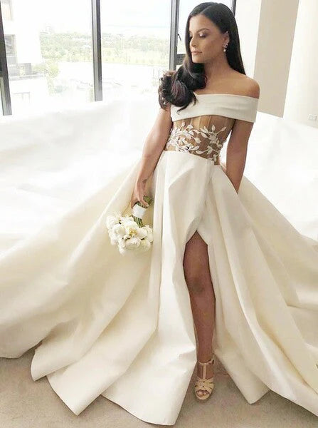 Trend Leading Collection Wedding Dresses A Line Off The Shoulder Satin Up Court Train  with Appliques