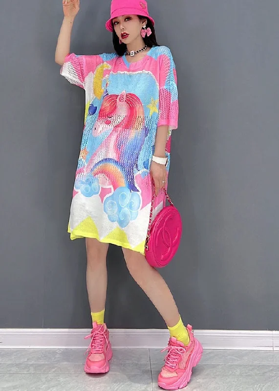 Women's Online Boutique Women Pink O-Neck Horse Print Oversized Vacation Dress Short Sleeve