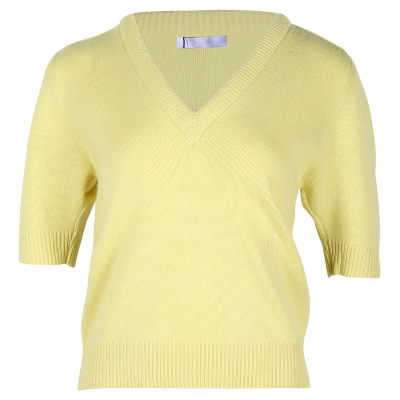 Elevate Your Wardrobe Chloe Knitted V-Neck Top in Pastel Yellow Cashmere