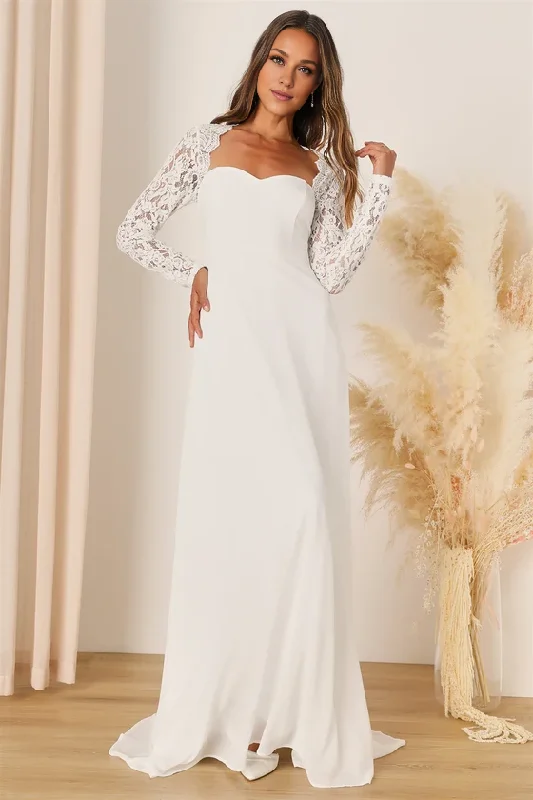 Trendy Pulse A-Line White Lace Long Sleeve Backless Floor-length Wedding Dresses