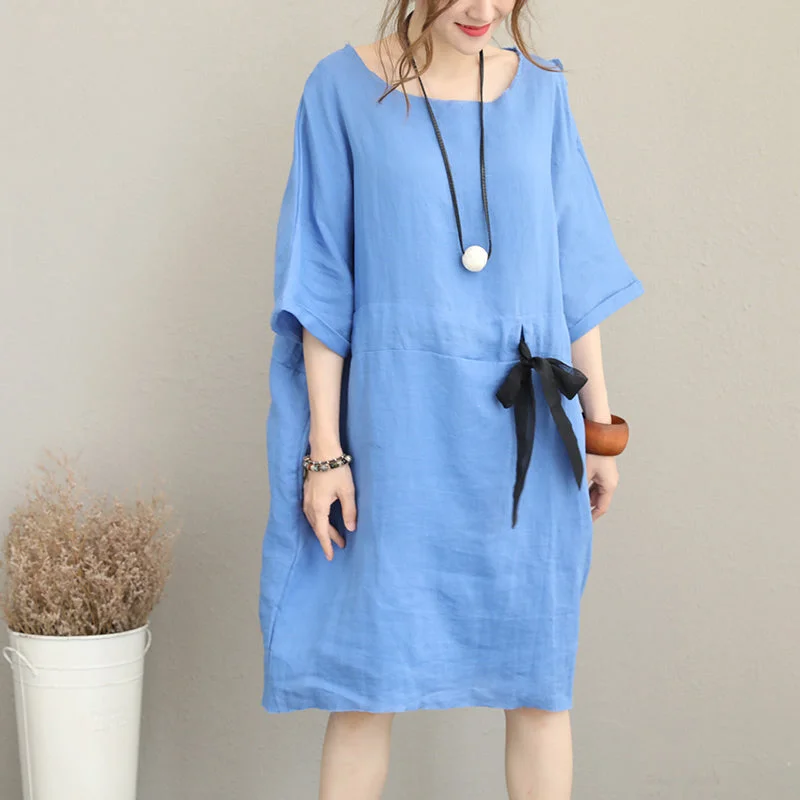 Forward Trendsetter Fine blue Midi-length linen dress oversize linen clothing dress fine waist drawstring bracelet sleeved knee dresses