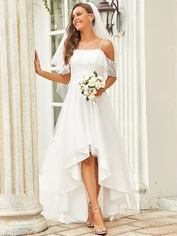 Women's Clothing for Every Season and Trend Cold Shoulder Lace High-Low Wedding Dress