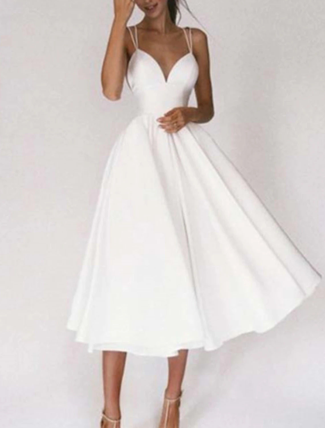 Comfort First Women's Fashion Wedding Dresses A-Line Sweetheart Camisole Spaghetti Strap Tea Length Chiffon Bridal Gowns With Pleats Dresses