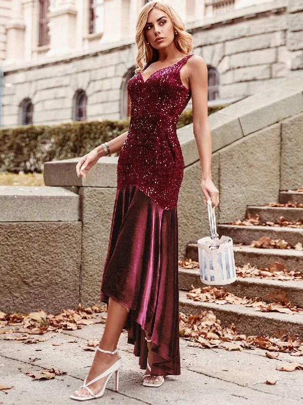 Stylish Dresses for Women Women's Sexy High-Low Sequin & Velvet Evening Dress for Cocktail