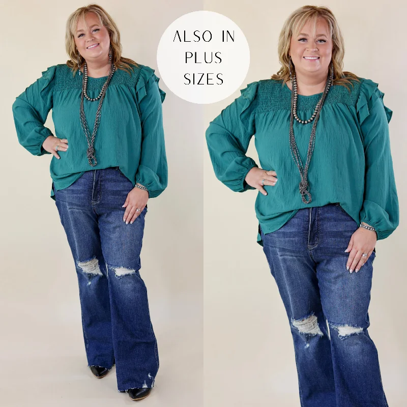 Final Sale Balcony Nights Ruffle Shoulder Long Sleeve Blouse in Teal