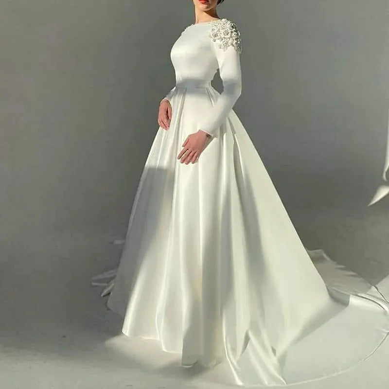 Comfortable Chic Elegant Ivory Muslim Wedding Dresses Vestidos De Novia Luxury Beading Flowers Satin Simple Vintage Long Sleeve Bridal Gowns