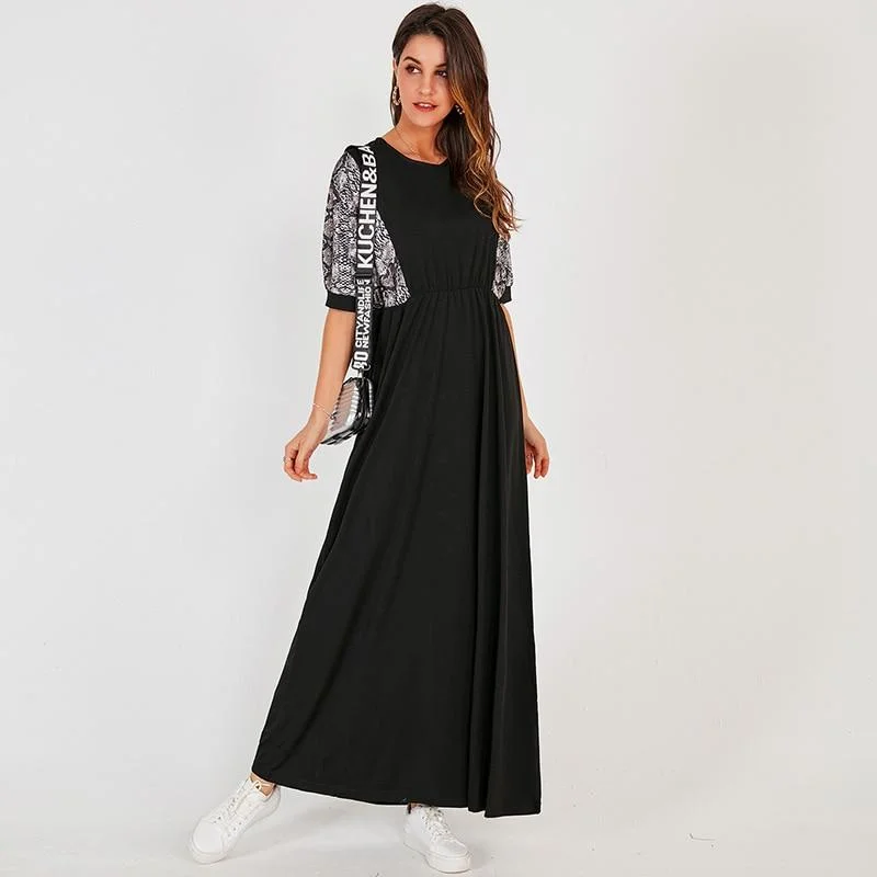 Minimalist Style FashionSierra - Summer New Women Long Dress Black Casual Fashion Snake Print Stitching Elastic Waist O-neck Half Sleeve Maxi Dresses Robe