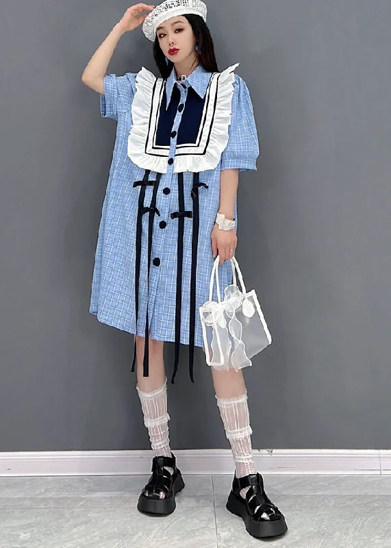 Comfortable Casual Women's Clothing Modern Blue Peter Pan Collar Patchwork Ruffles Plaid Cotton Maxi Dresses Short Sleeve