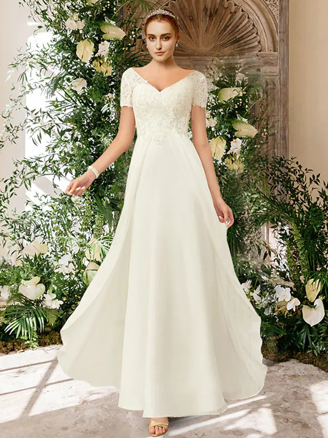 Fashion Sale Beach Wedding Dresses Floor Length A-Line Short Sleeve V Neck Chiffon With Pleats Appliques