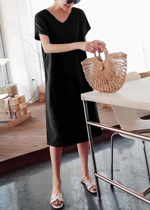 Trend Leading Collection DIY o neck side open Cotton summer Tunics linen black Dress