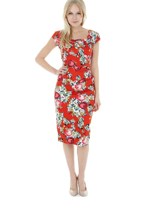 Fashion Sale Dora Red Floral Pencil Style Midi Dress