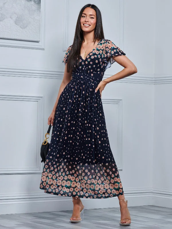 Current Trends Mably Mirror Print Maxi Mesh Dress, Navy Floral